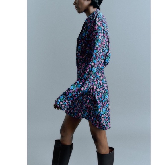 New Zara Floral Print V-Neck Satin Effect Wrap Mini Dress - Picture 6 of 13